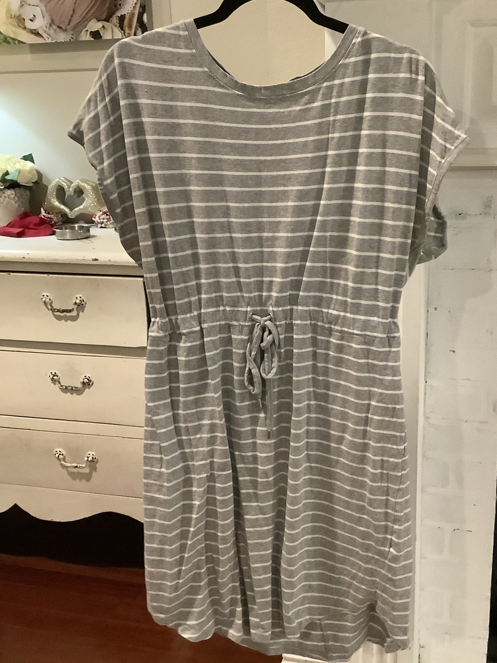 Striped Gray & White Casual Drawstring Dress by Rabouda